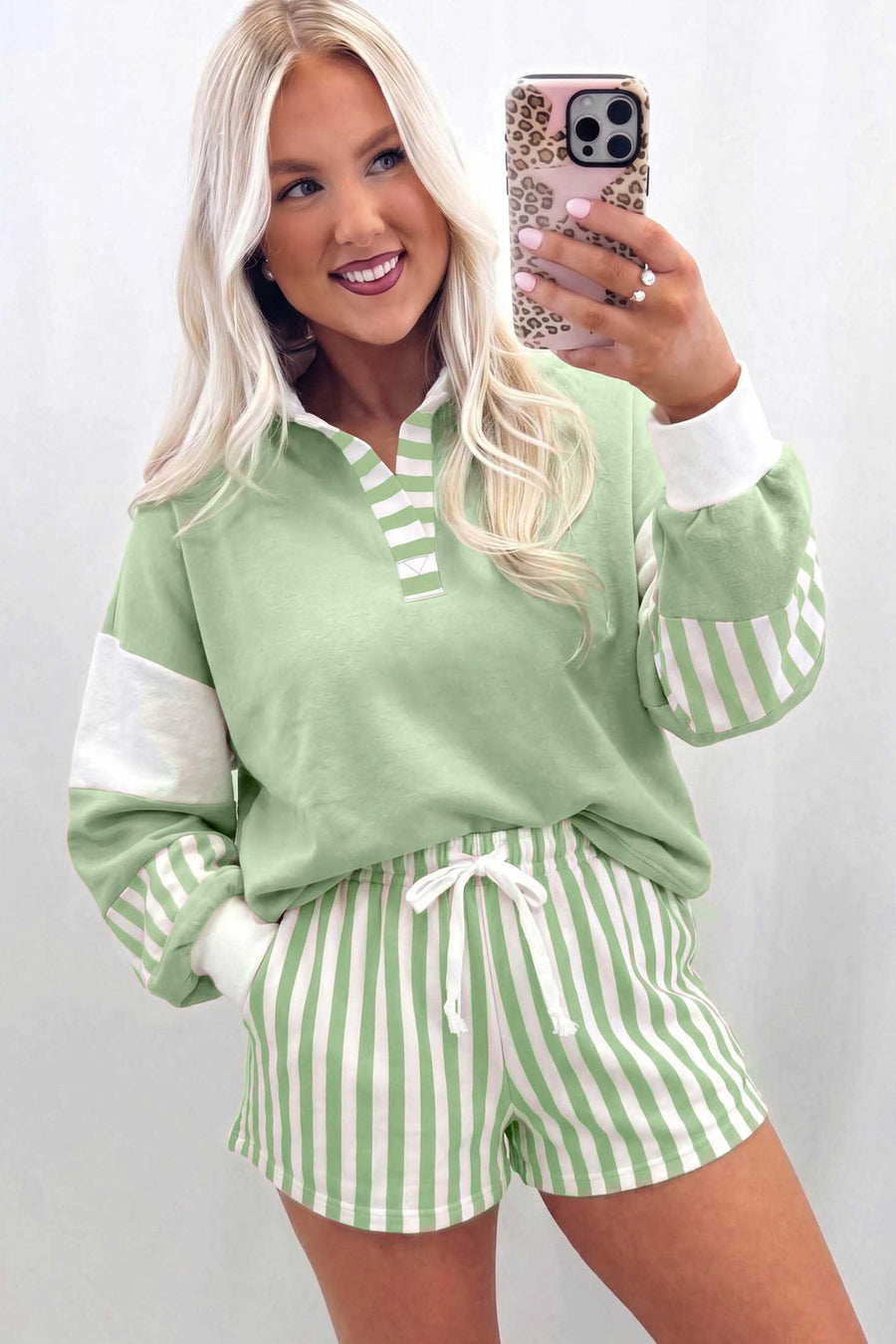 Gossamer Pink Striped Color Block Pullover Top Drawstring Shorts Set