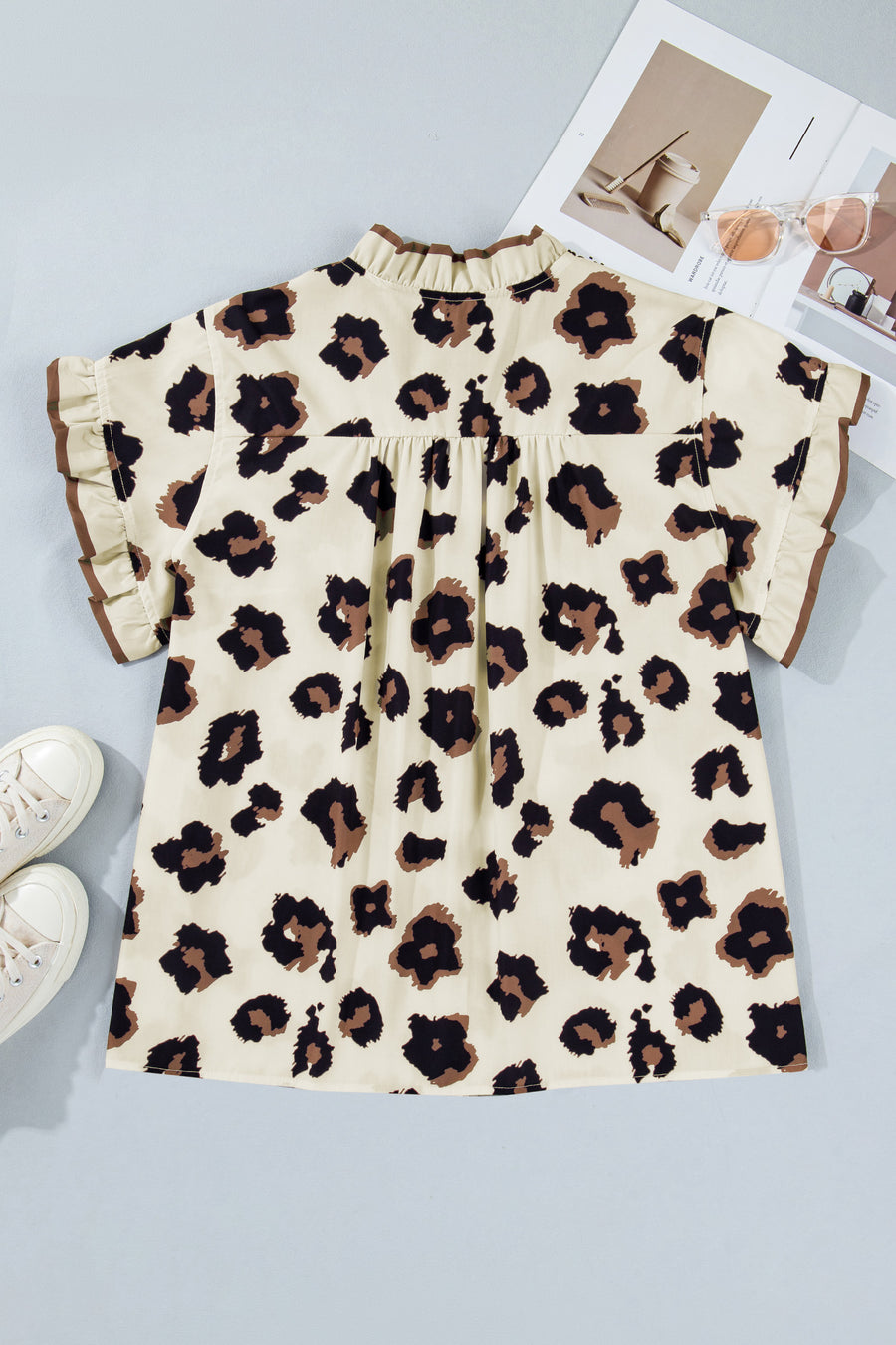 Plus size leopard frilled colorblock blouse — back view