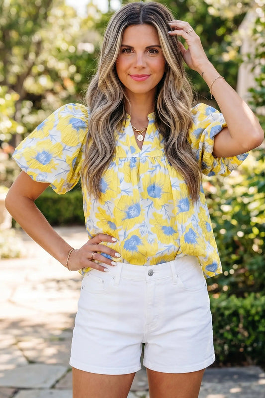 Floral Jacquard Bubble Sleeve Notched V Neck Babydoll Blouse