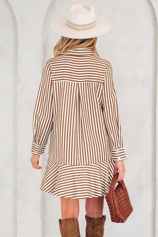 Brown stripe ruffled hem collared long sleeve mini