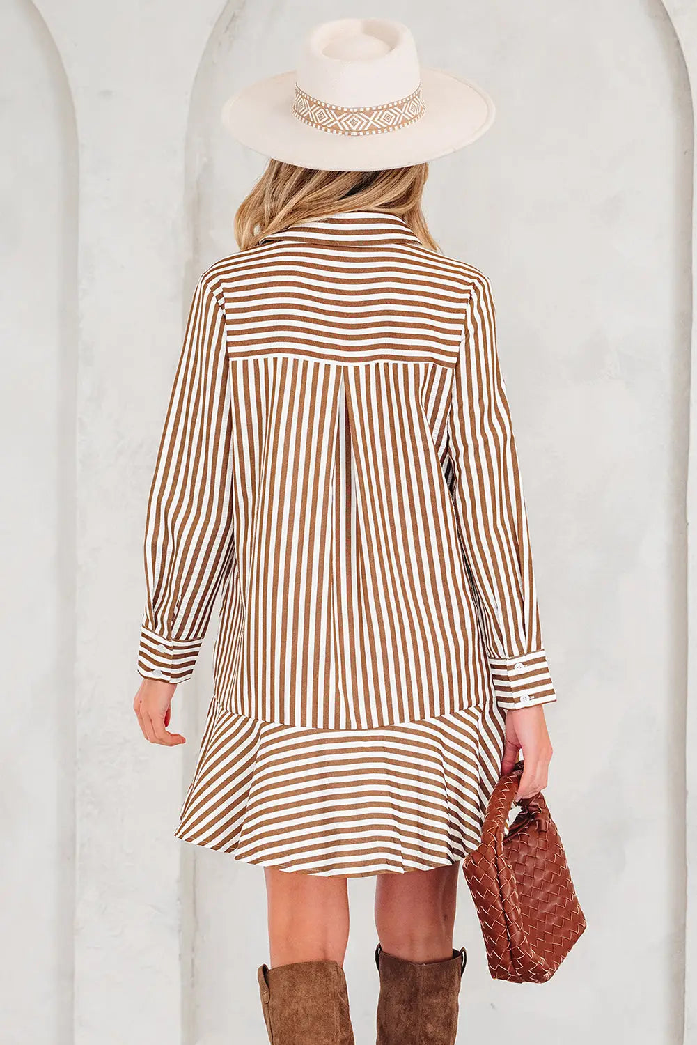 Brown stripe ruffled hem collared long sleeve mini