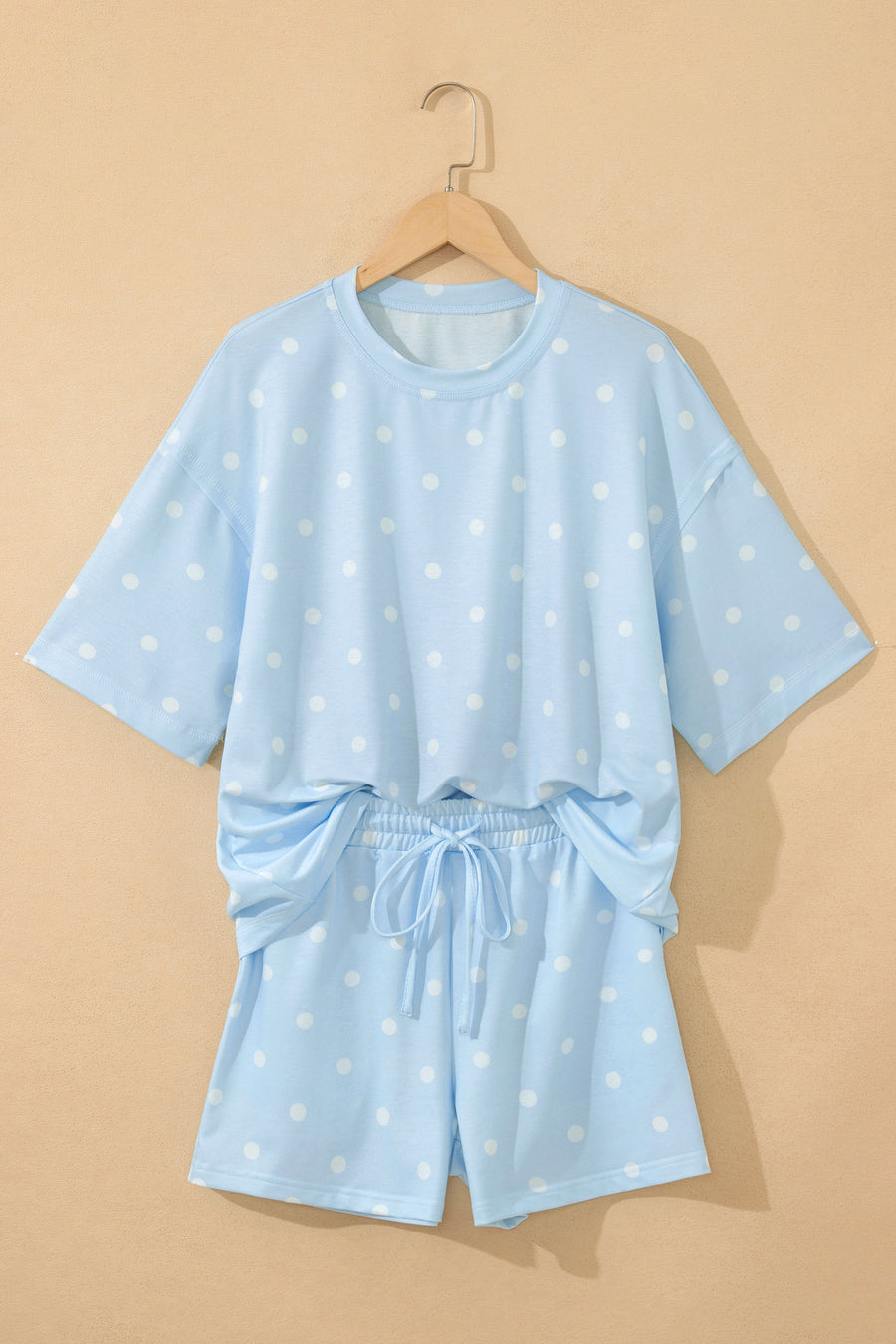 Polka Dot Exposed Seam Loose Tee Drawstring Shorts Two-Piece Set