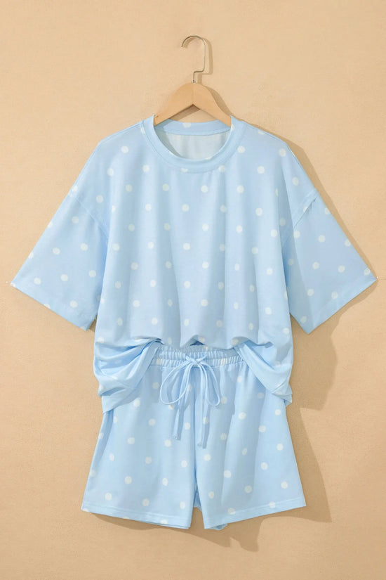 Polka Dot Exposed Seam Loose Tee Drawstring Shorts Two-Piece Set