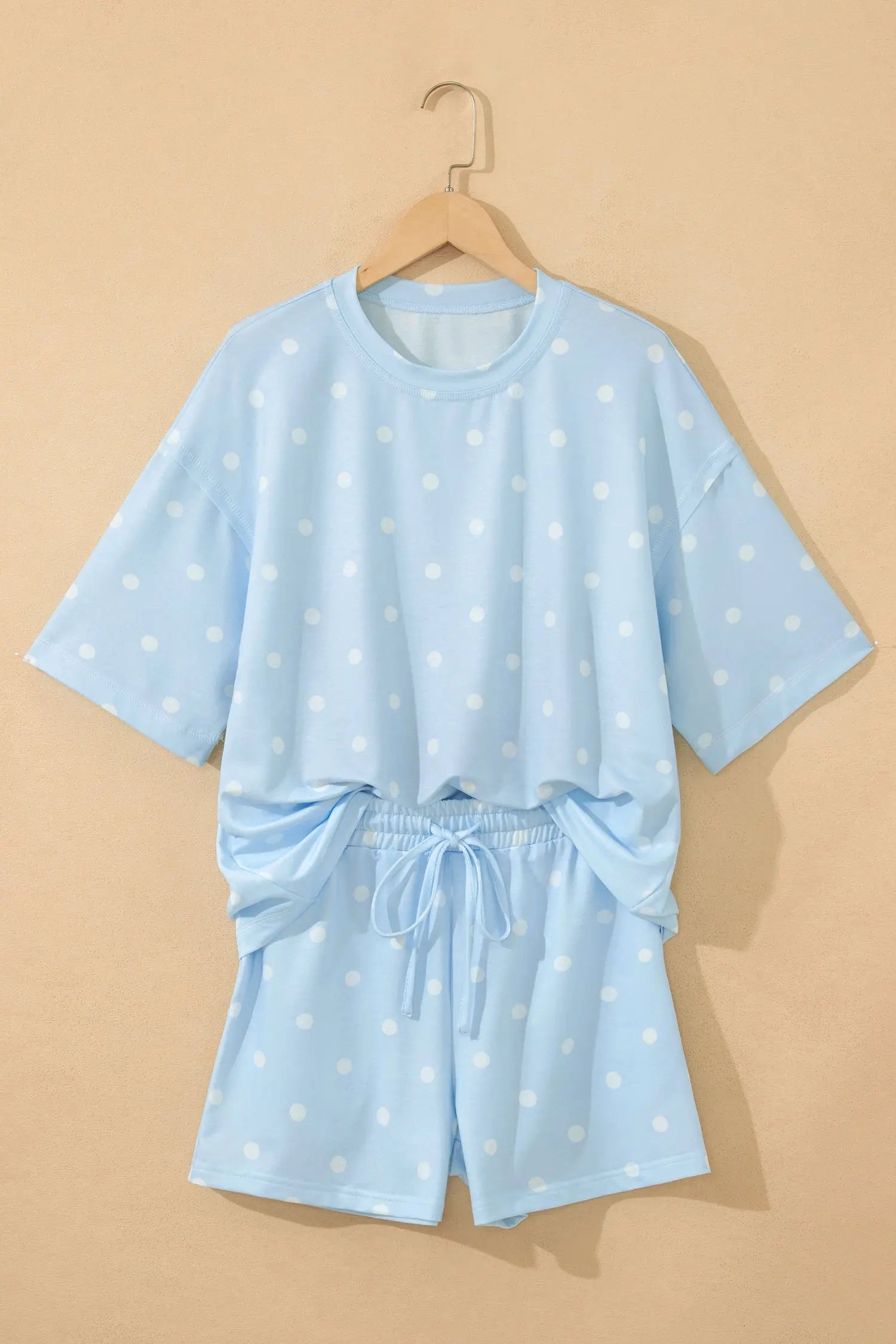 Polka Dot Exposed Seam Loose Tee Drawstring Shorts Two-Piece Set