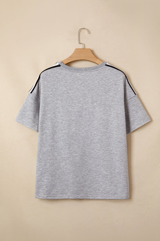 Patchwork Stripe Raw Edge Hem Oversized Short Sleeve Round Neck Tee