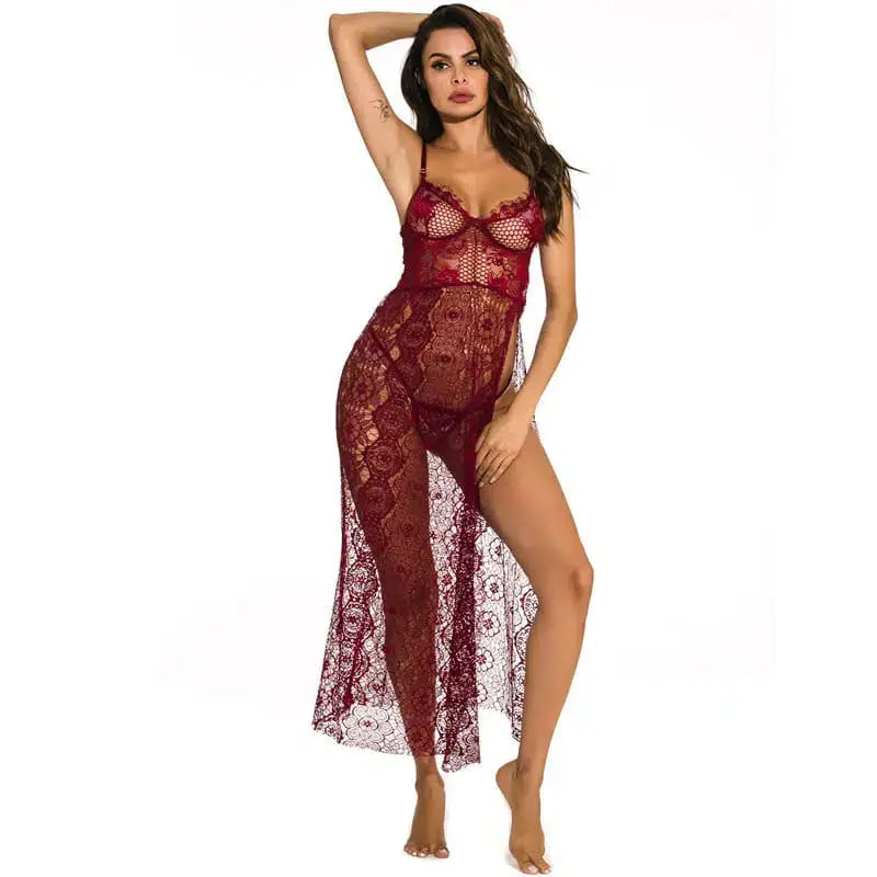 Deep v-neck side slit sexy long chemise - sets