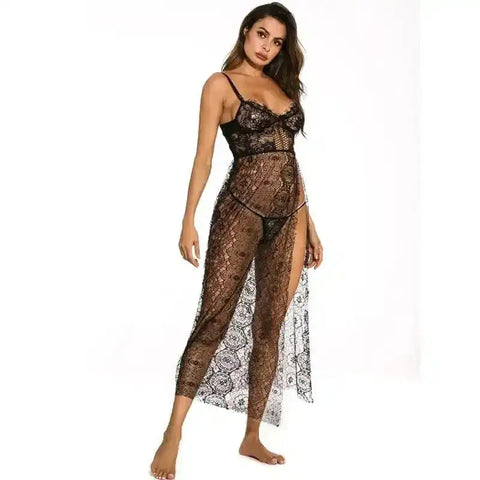 Deep V-neck Side Slit Sexy Long Chemise - Fashionfitz