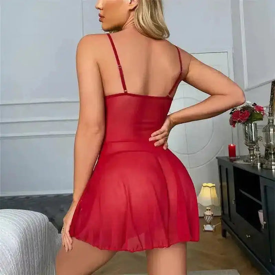 Deep V Sling Mesh Lace Babydoll Set - Fashionfitz