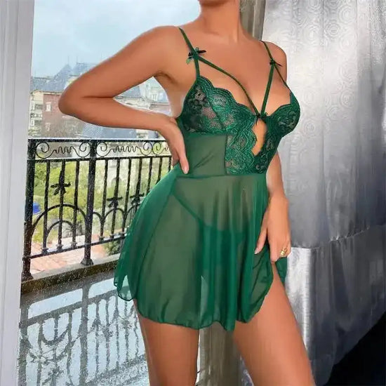 Deep V Sling Mesh Lace Babydoll Set - Fashionfitz