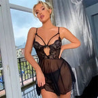 Deep V Sling Mesh Lace Babydoll Set - Fashionfitz
