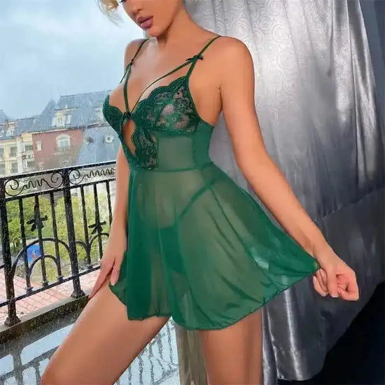 Deep V Sling Mesh Lace Babydoll Set - Fashionfitz