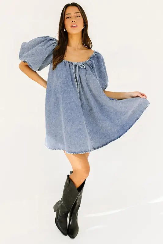 Denim babydoll dress - bubble sleeve by fashionfitz