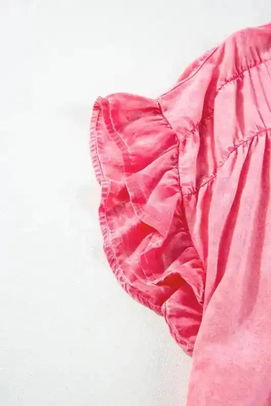 Denim Mini Dress - Pink Ruffled Short Sleeve - Fashionfitz