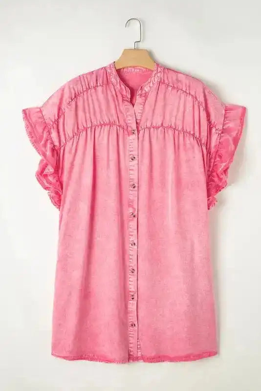Denim Mini Dress - Pink Ruffled Short Sleeve - Fashionfitz