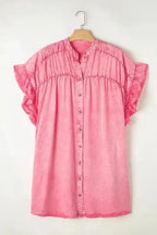 Denim Mini Dress - Pink Ruffled Short Sleeve - Fashionfitz