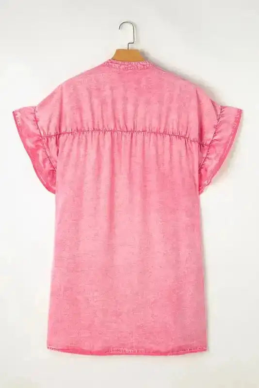 Denim Mini Dress - Pink Ruffled Short Sleeve - Fashionfitz