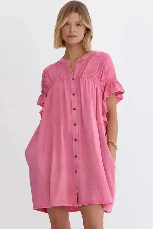 Pink lyocell ruffled short sleeve feminine loose mini dress front view — Fashionfitz UK
