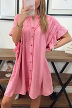 Denim Mini Dress - Pink Ruffled Short Sleeve - Fashionfitz