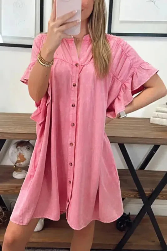 Denim Mini Dress - Pink Ruffled Short Sleeve - Fashionfitz