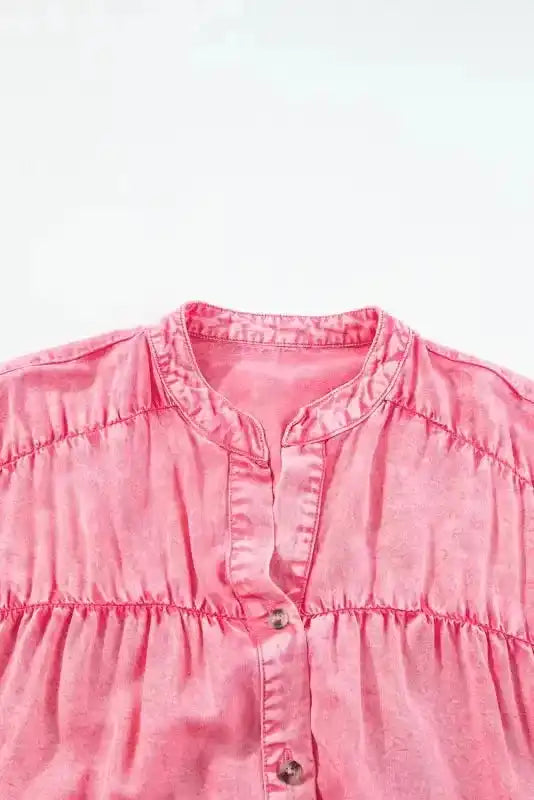 Denim Mini Dress - Pink Ruffled Short Sleeve - Fashionfitz