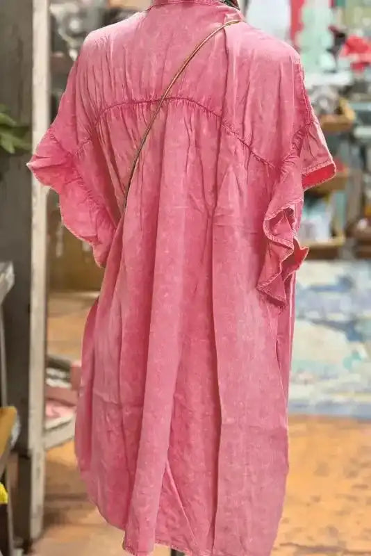 Denim Mini Dress - Pink Ruffled Short Sleeve - Fashionfitz