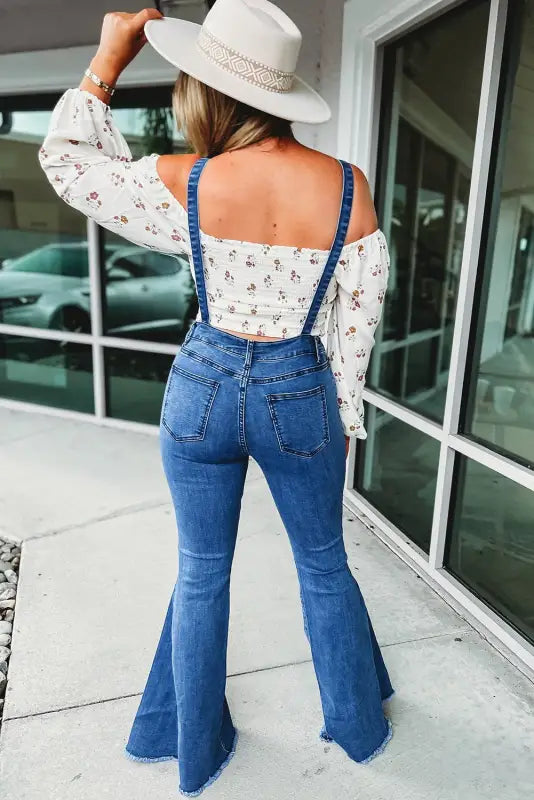 Dark blue adjustable buckle strap flare leg denim overalls - jumpsuits & rompers