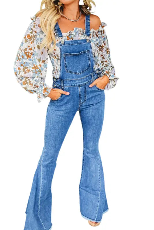 Dark blue adjustable buckle strap flare leg denim overalls - jumpsuits & rompers