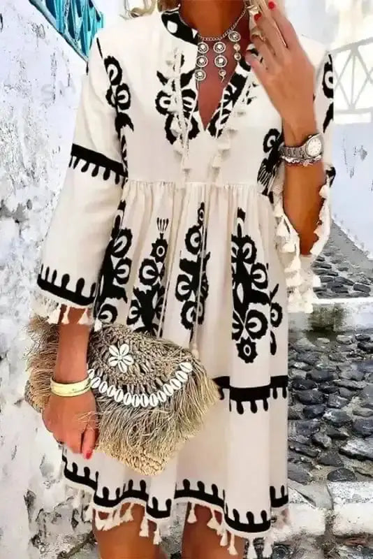 Off white tassel geometric print western boho midi dress front view — Fashionfitz UK