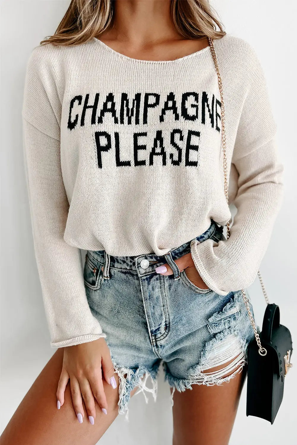 Desert palm champagne please graphic sweater - snow white / l / 100% cotton - sweaters & cardigans