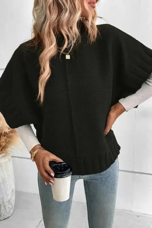Desert Palm Mock Neck Batwing Short Sleeve Knit Sweater - Fashionfitz