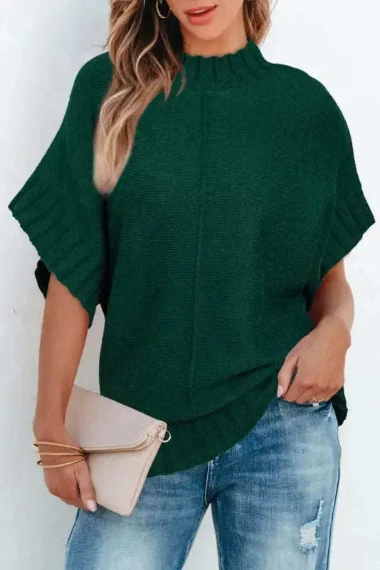 Desert Palm Mock Neck Batwing Short Sleeve Knit Sweater - Fashionfitz