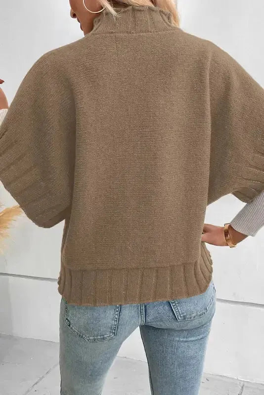 Desert Palm Mock Neck Batwing Short Sleeve Knit Sweater - Fashionfitz