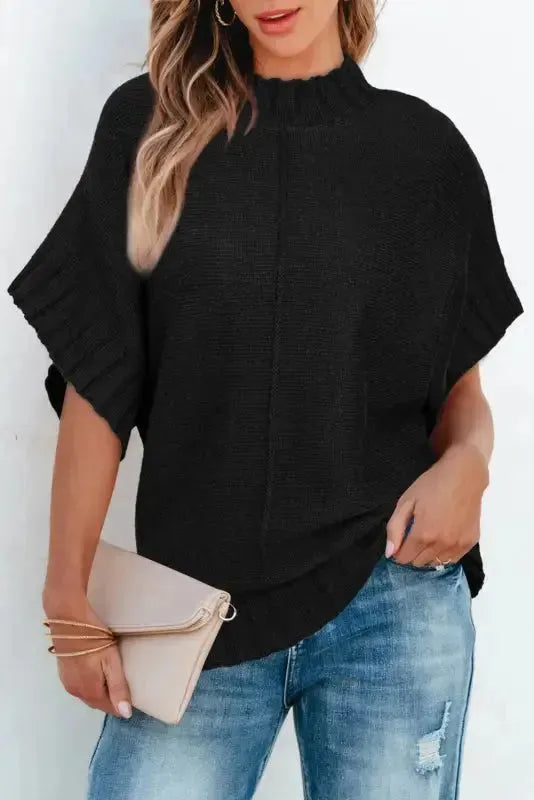 Desert Palm Mock Neck Batwing Short Sleeve Knit Sweater - Fashionfitz