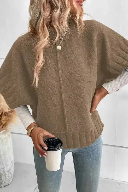 Desert Palm Mock Neck Batwing Short Sleeve Knit Sweater - Fashionfitz
