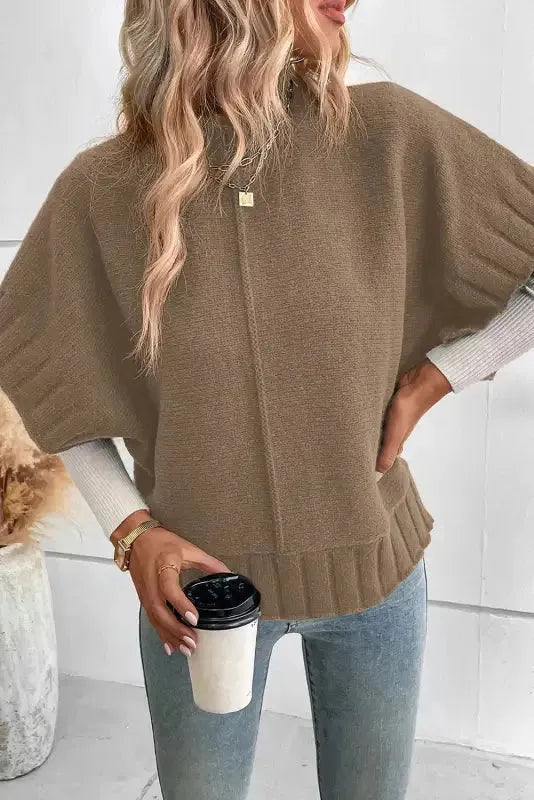 Desert Palm Mock Neck Batwing Short Sleeve Knit Sweater - Fashionfitz
