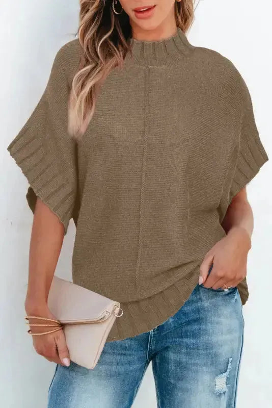 Desert Palm Mock Neck Batwing Short Sleeve Knit Sweater - Fashionfitz