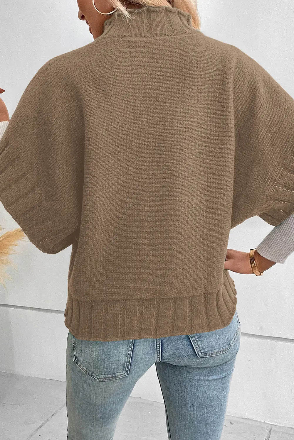 Desert palm mock neck batwing short sleeve knit sweater - sweaters & cardigans