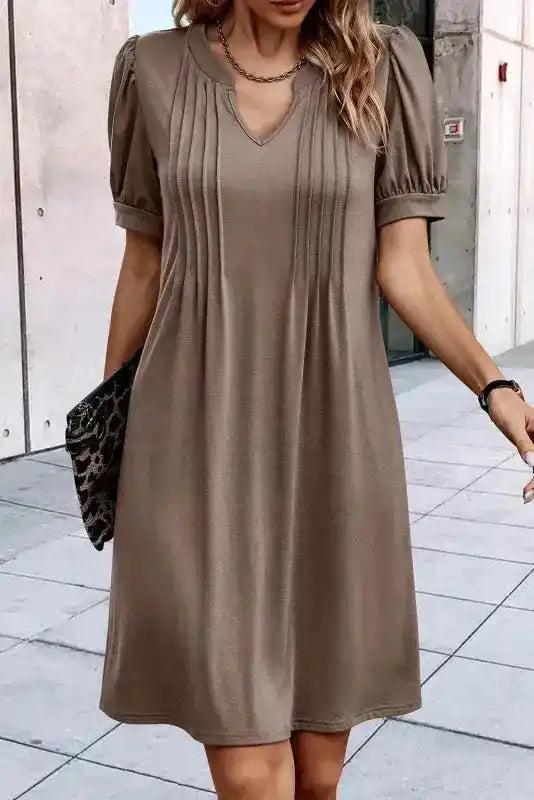 Desert Palm Notched Neck Pleated Puff Sleeve Shift T-shirt Dress - Fashionfitz