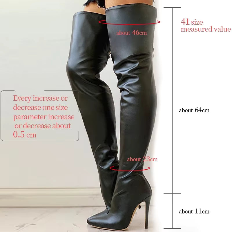 Size chart image of black over knee boots with 11cm heel, showing measurements for thigh, calf, and total boot height. Ideal for accurate fit selection.