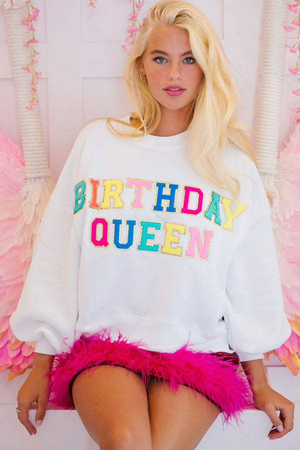White Birthday Queen Graphic Balloon Sleeve Sweatshirt Women UK