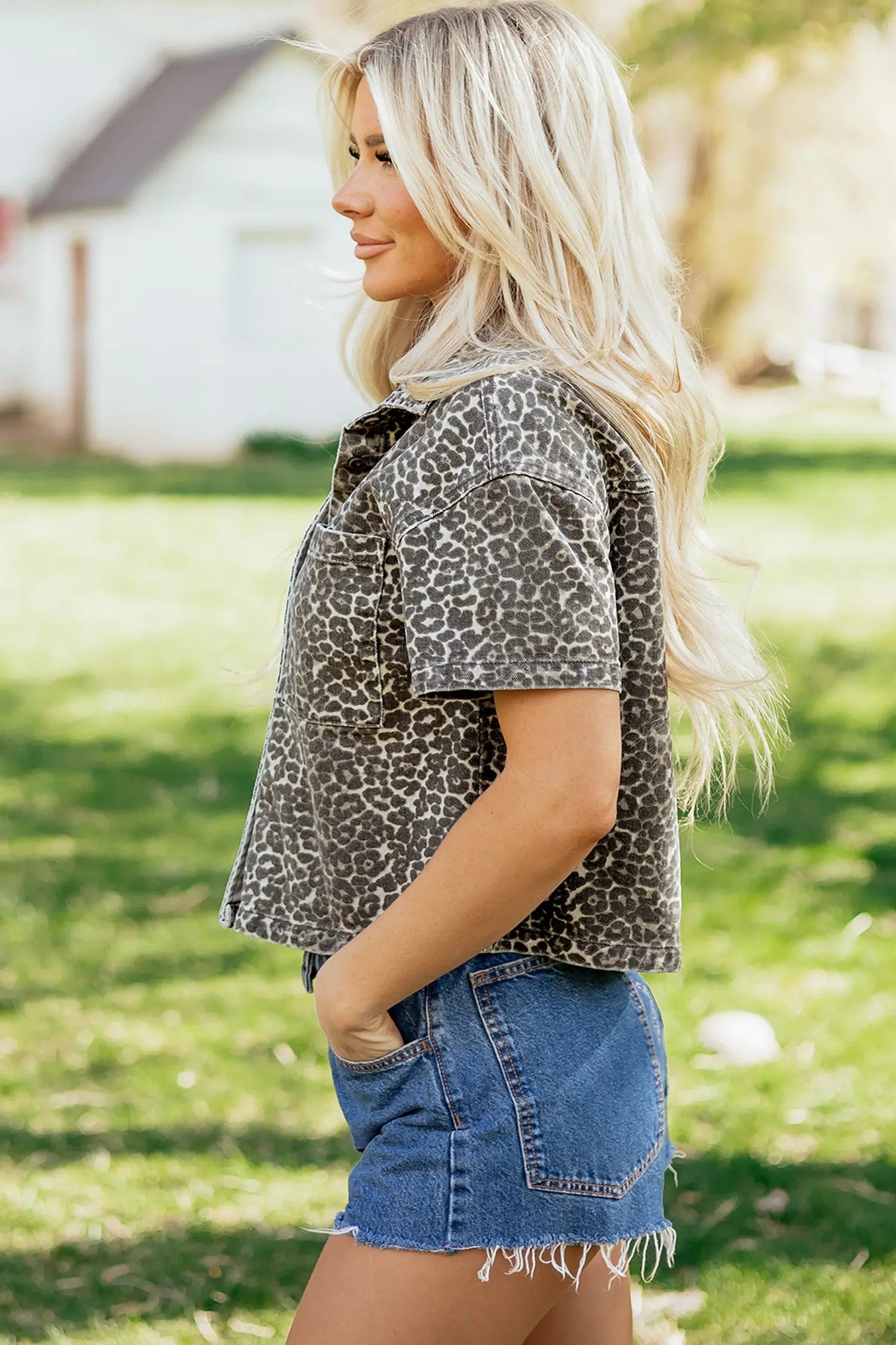 Gray leopard short sleeve denim shirt shirts