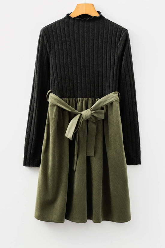 Black ribbed knit slim patchwork belted mini dress