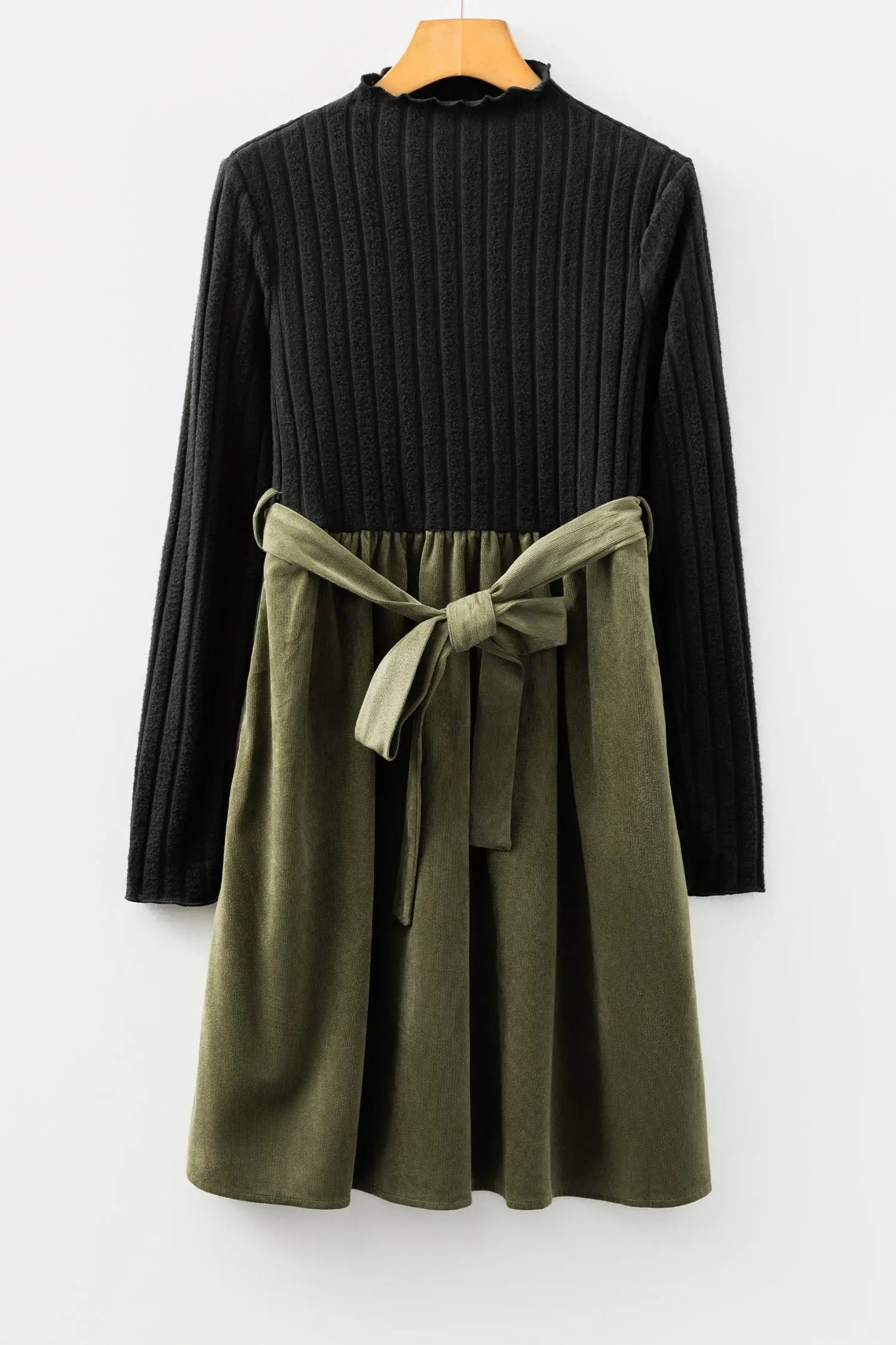 Black ribbed knit slim patchwork belted mini dress