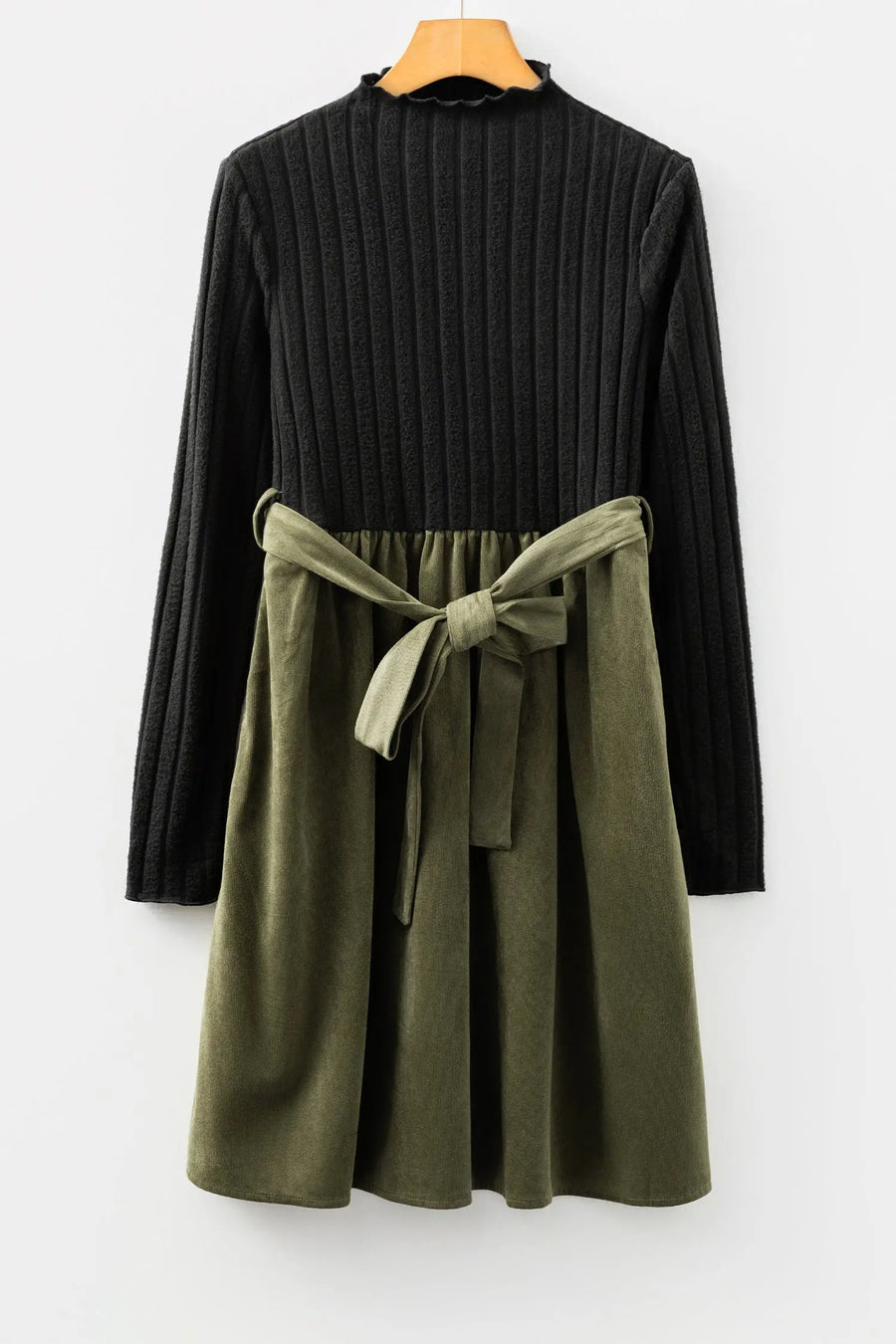 Black ribbed knit slim patchwork belted mini dress