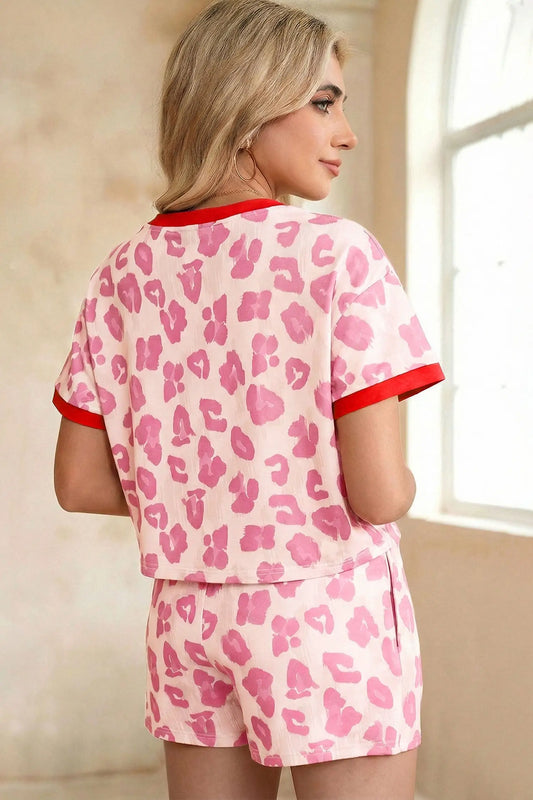Rose unique leopard print contrast trim loose short set