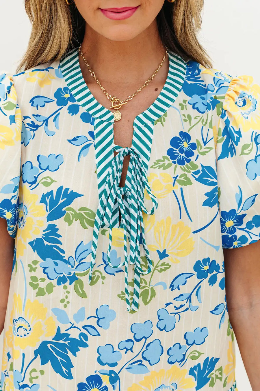 Blue Floral Striped Trim Puff Short Sleeve Dress Women UK