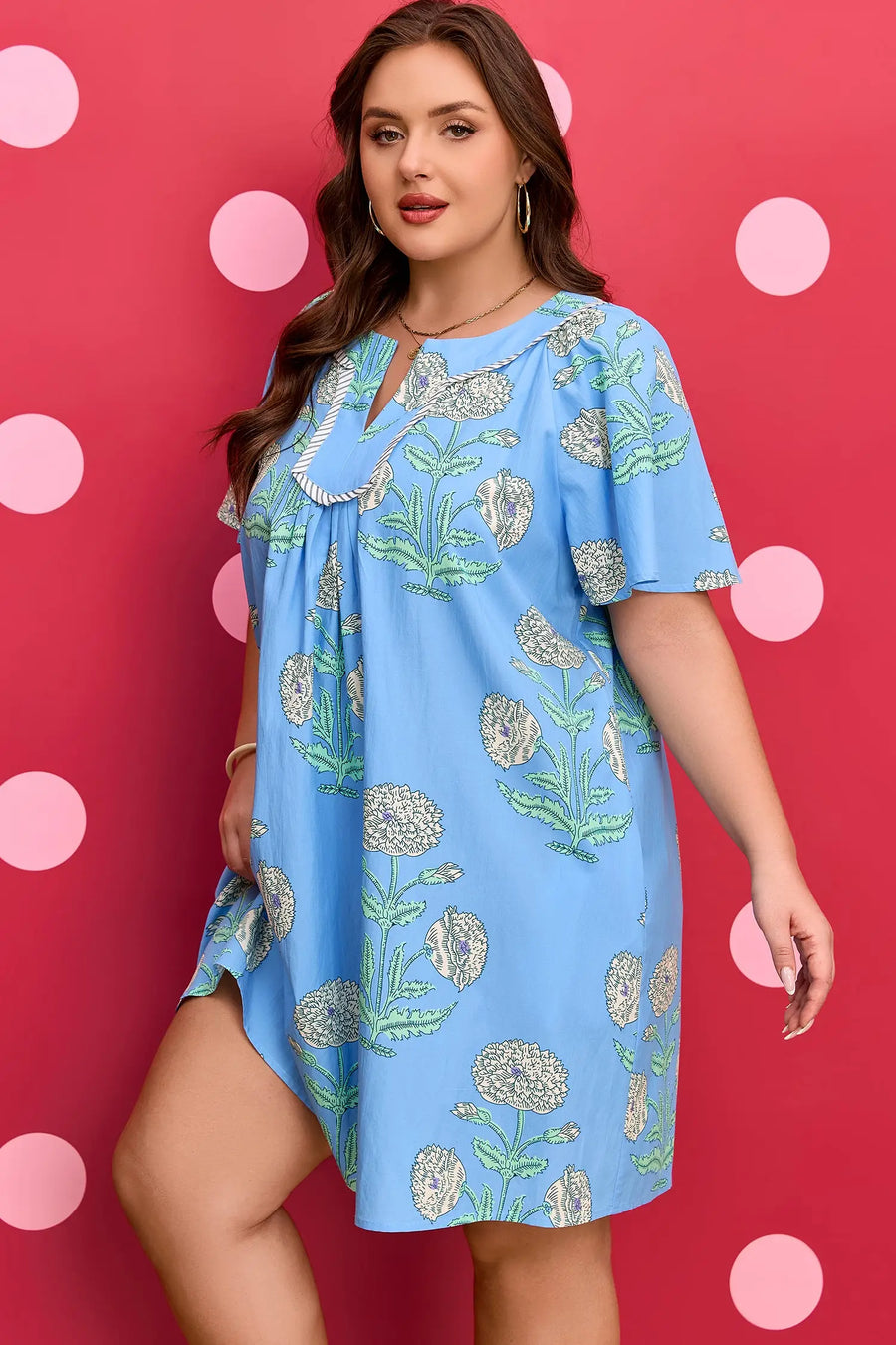 Sky Blue Plus Size Periwinkle Floral Split Neck Mini Dress Women UK — side detail