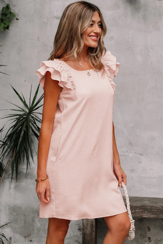 Light pink textured flutter sleeve square neck bow back mini dress
