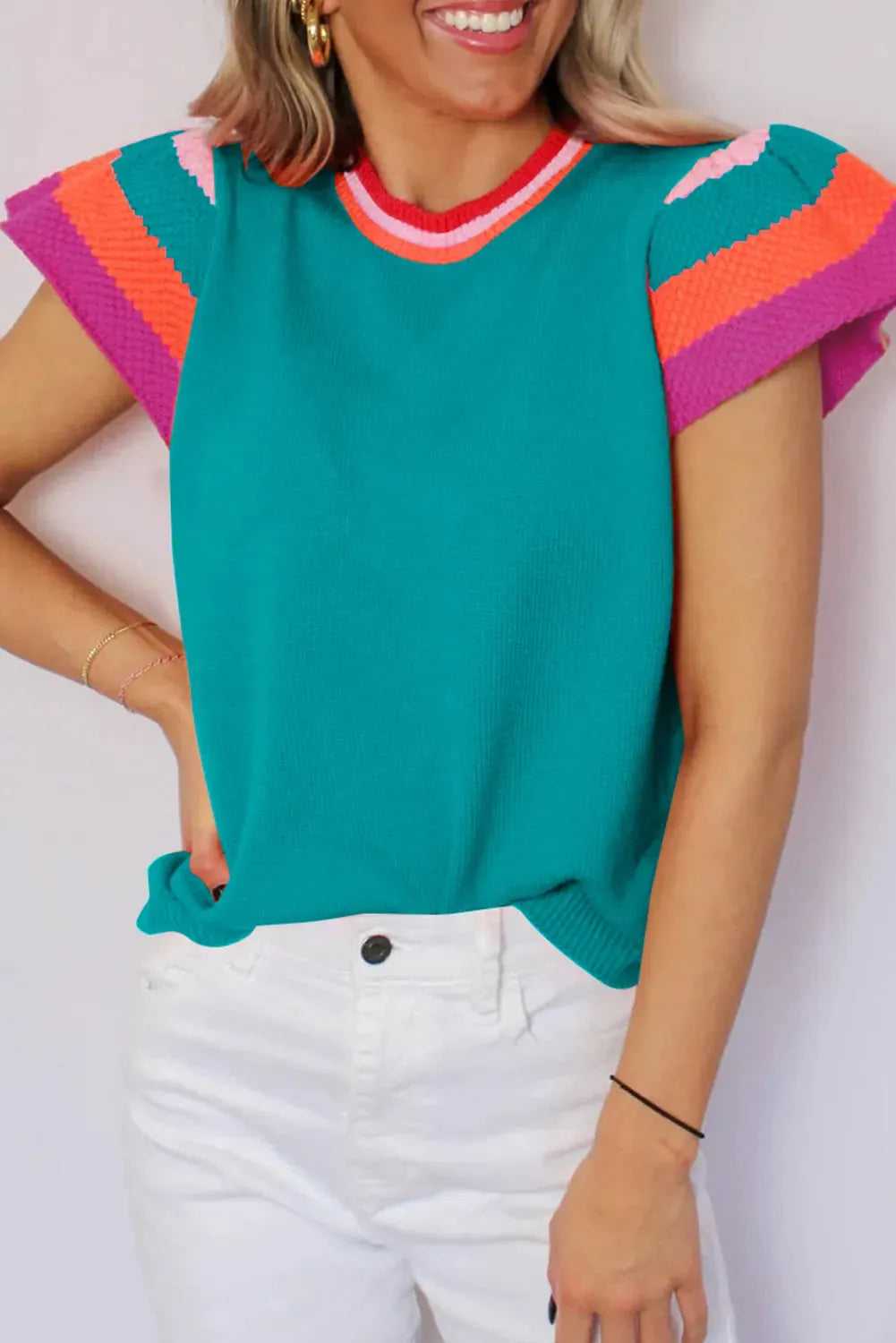 KnitT-Shirt - Turquoise Contrast Flutter Sleeves Sweater - Fashionfitz