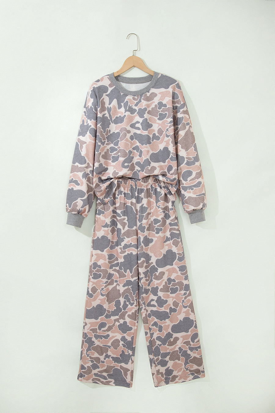 Camo Print Long Sleeve Top Wide Leg Pants Set Women UK